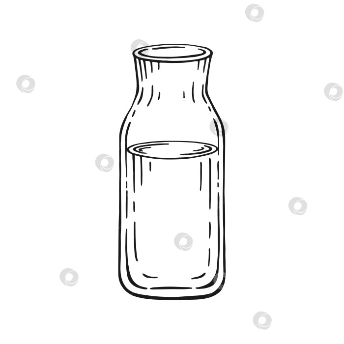 Скачать Бутылка молока или воды, выделенная на белом фоне. Черно-белая векторная иллюстрация, нарисованная от руки. фотосток Ozero