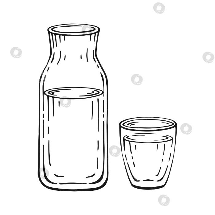Скачать Бутылка и стакан молока или воды выделены на белом фоне. Черно-белая векторная иллюстрация, нарисованная от руки. фотосток Ozero