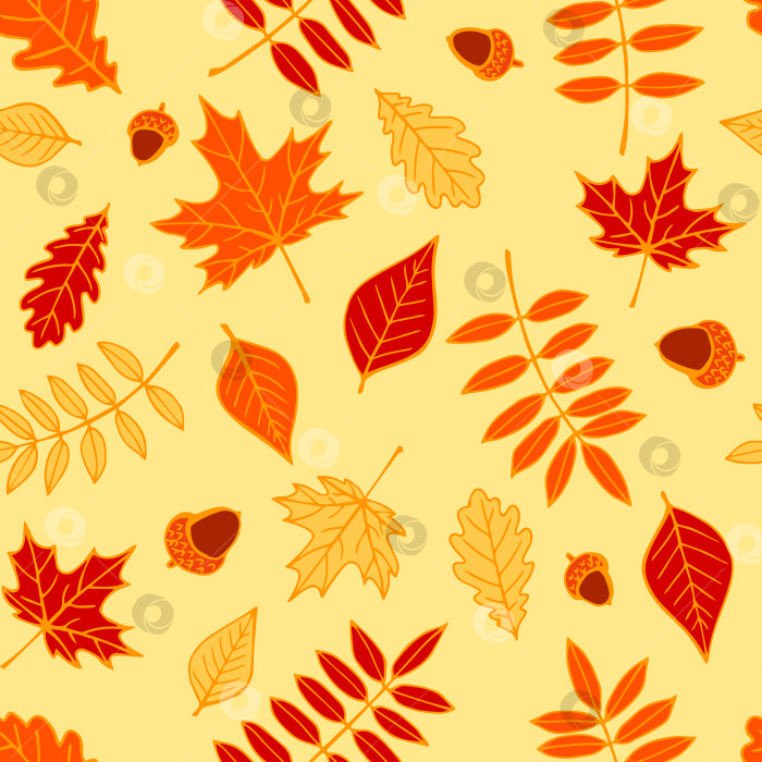 Скачать Бесшовный узор с осенними листьями. Векторная иллюстрация, нарисованная от руки. фотосток Ozero