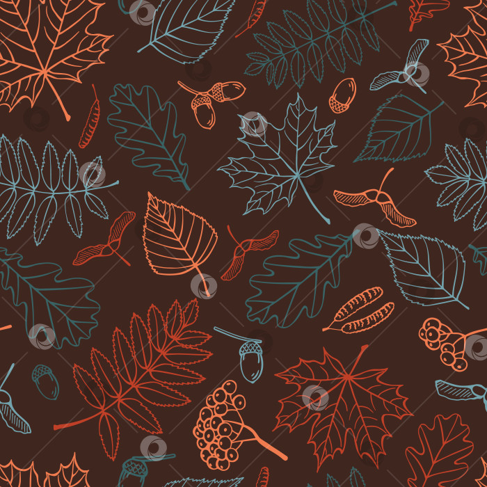 Скачать Бесшовный узор с осенними листьями. Векторная иллюстрация, нарисованная от руки. фотосток Ozero
