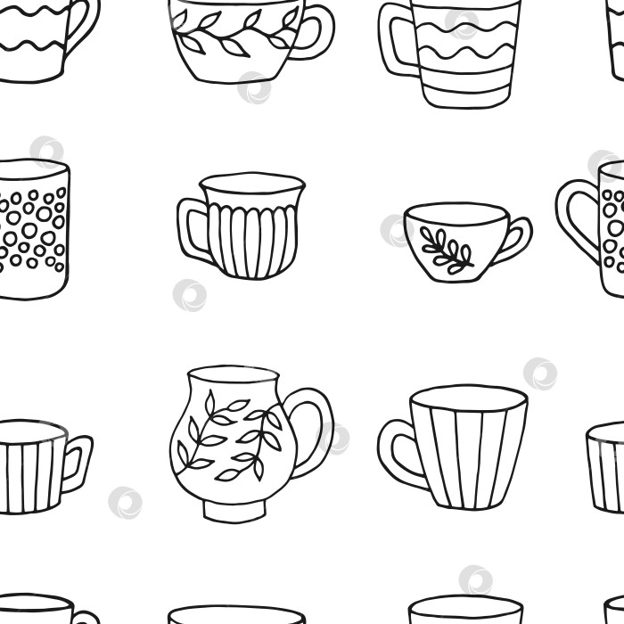 Скачать Бесшовный узор с кружкой-чашкой. Чашка в стиле каракулей. Векторная иллюстрация, нарисованная вручную. фотосток Ozero