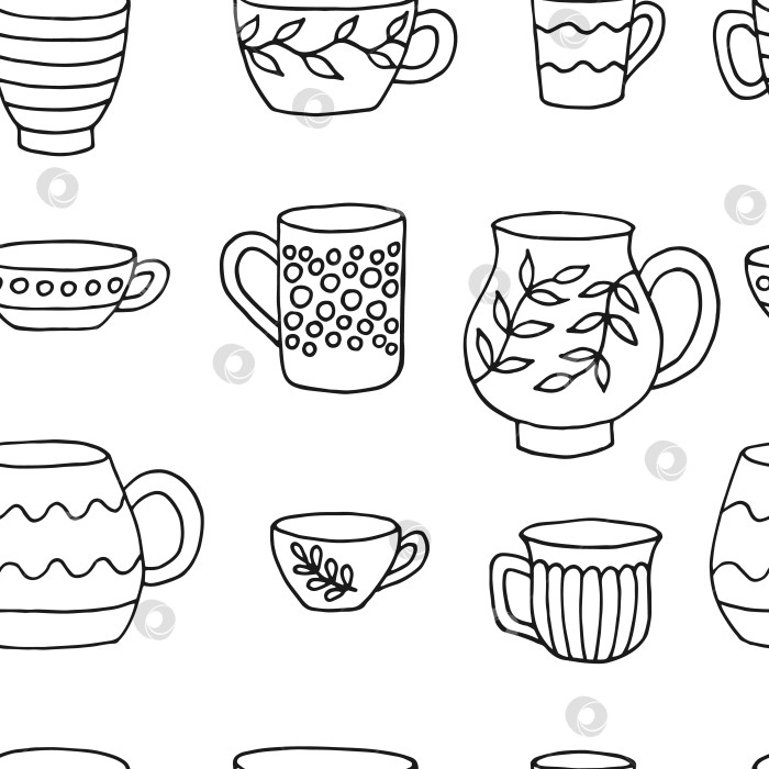 Скачать Бесшовный узор с кружкой-чашкой. Чашка в стиле каракулей. Векторная иллюстрация, нарисованная вручную. фотосток Ozero