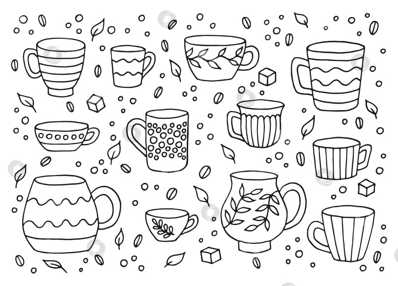 Скачать Кружка с ручной росписью. Набор чашек в стиле каракулей. Векторная иллюстрация, изолированная на белом фоне. фотосток Ozero