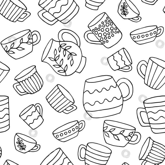 Скачать Бесшовный узор с кружкой-чашкой. Чашка в стиле каракулей. Векторная иллюстрация, нарисованная вручную. фотосток Ozero