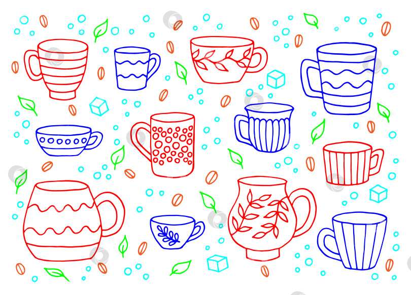 Скачать Кружка с ручной росписью. Набор чашек в стиле каракулей. Векторная иллюстрация, изолированная на белом фоне. фотосток Ozero