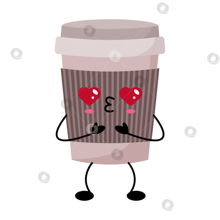 Скачать Анимированный кофе с очаровательными чертами лица. Игривый кавайный кофейный персонаж с сердечками-глазками и ребристым рисунком на рукаве. фотосток Ozero