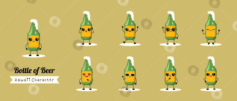 Скачать Пивные кавайные персонажи, выражающие различные эмоции. Красочные персонажи из пивных бутылок, выражающие различные чувства и настроения фотосток Ozero