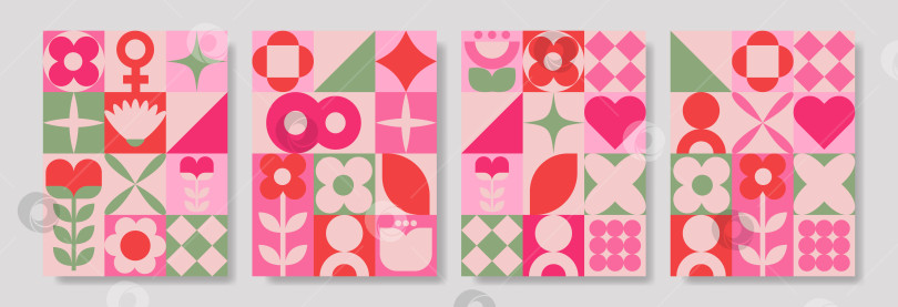 Скачать Серия ярких геометрических цветочных плиток с округлыми лепестками и стилизованными листьями для современного интерьера фотосток Ozero