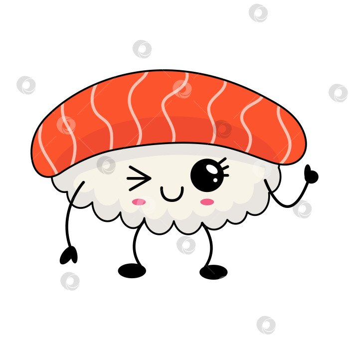 Скачать Ярко-розовая иллюстрация улыбающихся морепродуктов для брендирования. Яркое изображение фигурки счастливого лосося для суши на упаковке фотосток Ozero