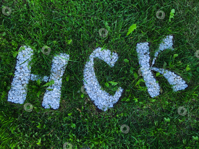 Скачать Россия, Рыбинск, 10.06.2025 Буквы выполнены из белых камней на фоне зеленой травы. Буквы алфавита выполнены из камней оригинальной формы фотосток Ozero