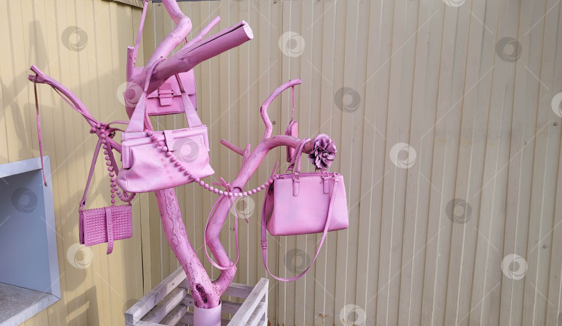 Скачать Россия, Рыбинск, 10.06.2025 Инсталляция из розовых пакетов и ветки дерева. фотосток Ozero