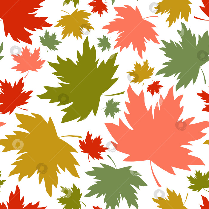 Скачать Бесшовный узор из падающих кленовых листьев. Цветной силуэт листвы acer на безграничном фоне. Текстура бесконечного падения. Красные и зеленые осенние листья - милый красочный повторяющийся дизайн поверхности фотосток Ozero