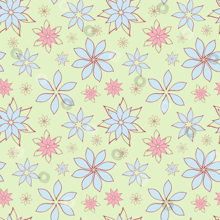 Скачать Абстрактные фантазийные цветы на фоне бесшовного узора. Стилизованные геометрические цветочные мотивы с бесконечной текстурой. Упрощенный редактируемый повторяющийся дизайн поверхности. Плоский безграничный орнамент для оберточной бумаги фотосток Ozero