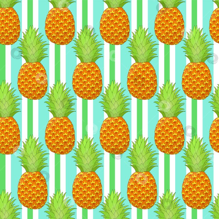 Скачать Бесшовный узор в виде ананаса на фоне зеленых полосок. Тропические фрукты с повторяющейся бесконечной текстурой. Вкусный безграничный фон. Дизайн поверхности для приготовления пищи. Редактируемая плитка для текстиля или оберточной бумаги фотосток Ozero