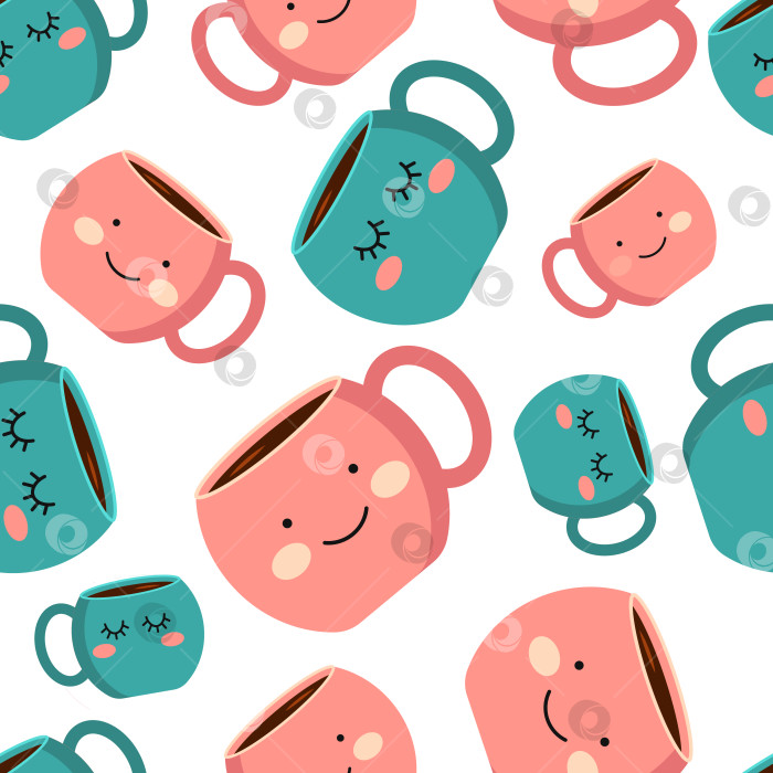 Скачать Бесшовный узор с розовой и голубой чашкой с эмоциями, улыбкой. Кофейная чашка с поднимающимся дымом. векторная иллюстрация. Плоский стиль. Декоративный дизайн для кафе, плакатов, баннеров, открыток фотосток Ozero