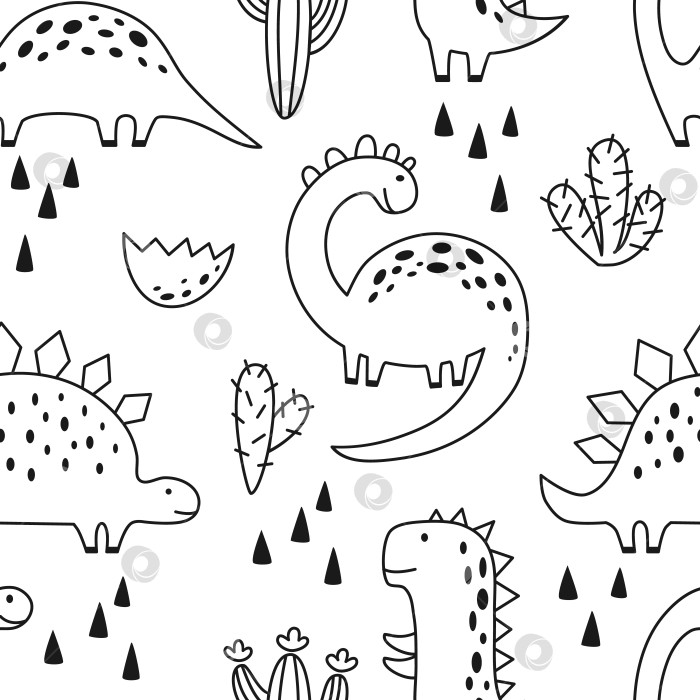 Скачать Бесшовный узор с милым динозавром в схематичном стиле. Забавный мультяшный динозавр. Векторные рисунки, нарисованные от руки, для детей фотосток Ozero
