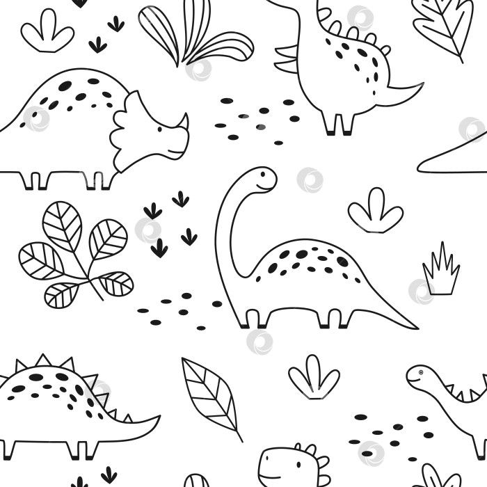 Скачать Бесшовный узор с милым динозавром в схематичном стиле. Забавный мультяшный динозавр. Векторные рисунки, нарисованные от руки, для детей фотосток Ozero