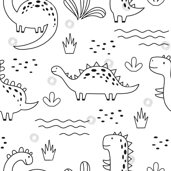 Скачать Бесшовный узор с милым динозавром в схематичном стиле. Забавный мультяшный динозавр. Векторные рисунки, нарисованные от руки, для детей фотосток Ozero