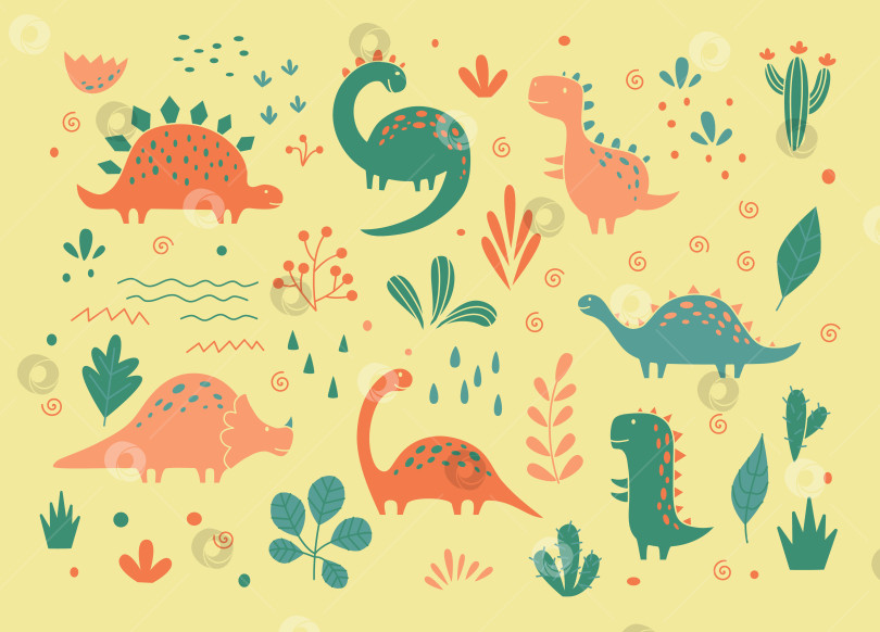 Скачать Симпатичные динозавры и тропические растения в набросках. Забавный мультяшный набор динозавров. Набор векторных рисунков для детей, нарисованных от руки фотосток Ozero