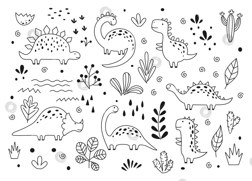 Скачать Симпатичные динозавры и тропические растения в набросках. Забавный мультяшный набор динозавров. Набор векторных рисунков для детей, нарисованных от руки фотосток Ozero