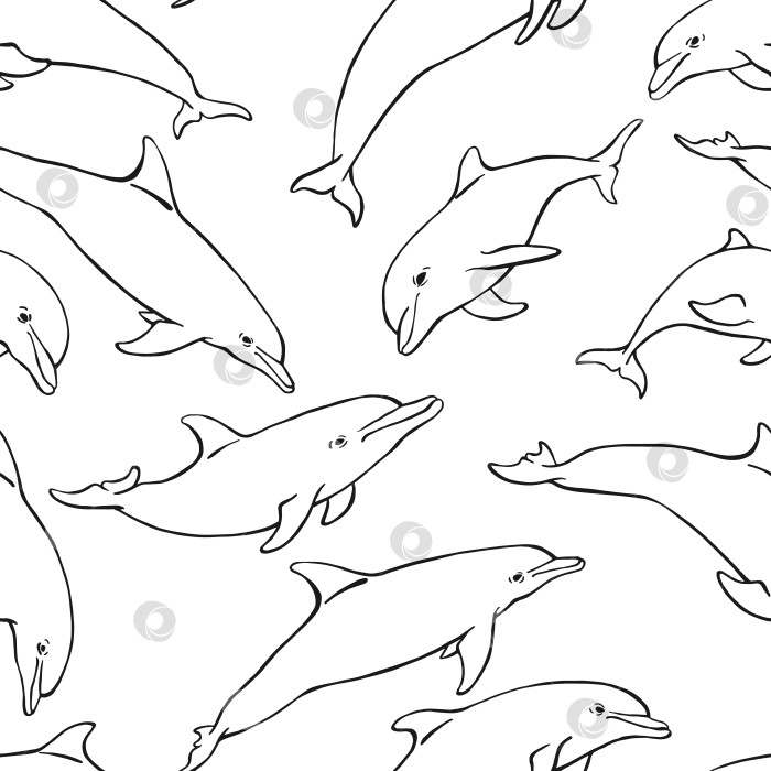 Скачать Бесшовный узор с дельфином. Рисованная иллюстрация, переведенная в векторную форму. Морской фон. фотосток Ozero