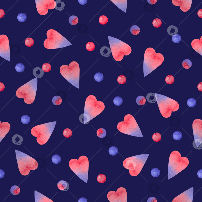 Скачать Бесшовный узор с акварельными розовыми и фиолетовыми сердечками и розовыми и фиолетовыми кругами на фиолетовом фоне фотосток Ozero