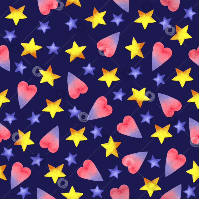 Скачать Бесшовный узор с акварельными розово-фиолетовыми сердечками, желто-оранжевыми звездами и фиолетовыми звездочками на фиолетовом фоне фотосток Ozero