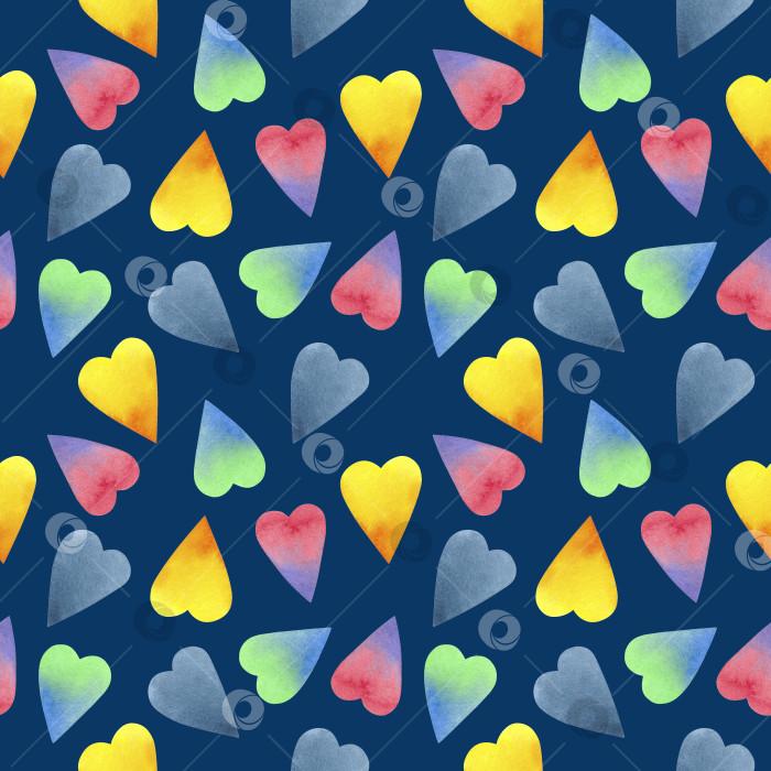 Скачать Бесшовный акварельный УЗОР с разноцветными сердечками на синем фоне фотосток Ozero