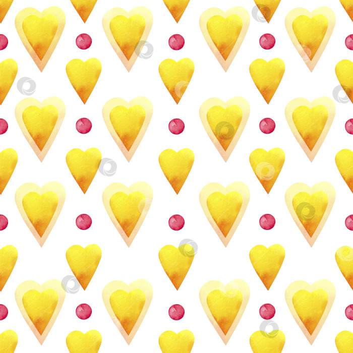 Скачать Бесшовный узор с акварельными желто-оранжевыми сердечками и розовыми кругами на белом фоне фотосток Ozero
