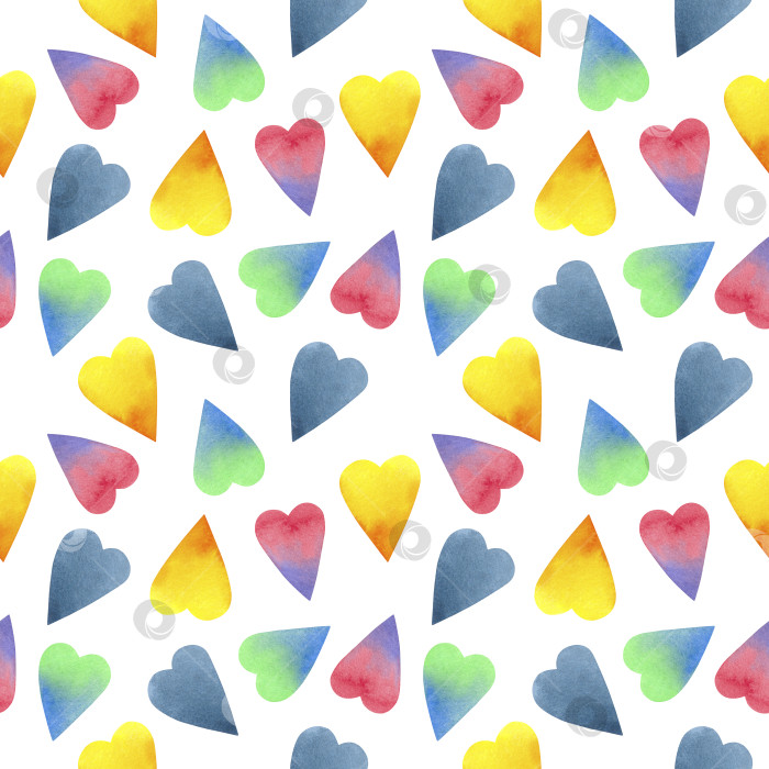 Скачать Бесшовный акварельный УЗОР с разноцветными сердечками на белом фоне фотосток Ozero