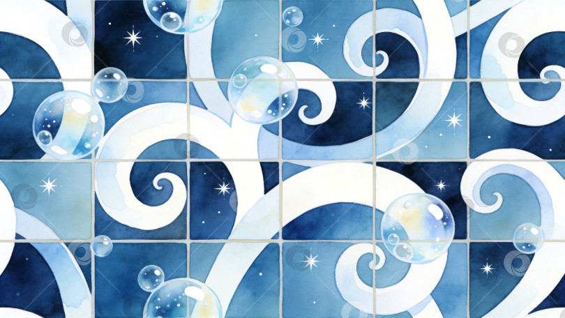 Скачать Абстрактный геометрический узор из белых спиралей, пузырьков и звезд на синем фоне, напоминающий свежесть зубной пасты фотосток Ozero