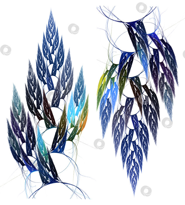 Скачать Стилизованные абстрактные деревья, расположенные параллельно друг другу, с вершинами, направленными в разные стороны, на белом фоне. Имитация вышивки. Набор. 3D-рендеринг. 3D-иллюстрация. фотосток Ozero