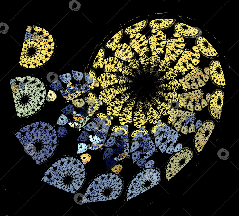 Скачать Узоры объединены в группы, которые закручиваются по спирали на черном фоне. Элегантная абстрактная спираль из желтых и сине-серых элементов. 3D-рендеринг. 3D-иллюстрация. фотосток Ozero