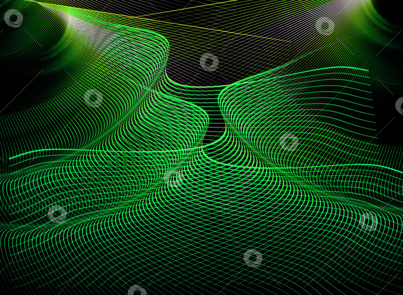 Скачать Абстрактный фрактальный волнистый фон. Прозрачные прозрачные плоскости в зеленую полоску накладываются друг на друга в разных направлениях на черном фоне. Пространство для копирования. 3D-рендеринг. 3D-иллюстрация. фотосток Ozero