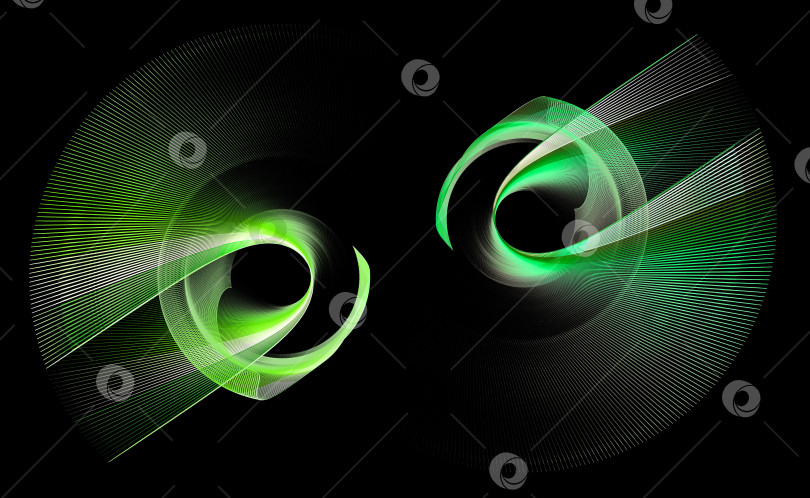 Скачать Лопасти в зеленую абстрактную полоску образуют двойной пропеллер, вращающийся на черном фоне. Набор. Иконка, логотип, символ, вывеска. 3D-рендеринг. 3D-иллюстрация. фотосток Ozero