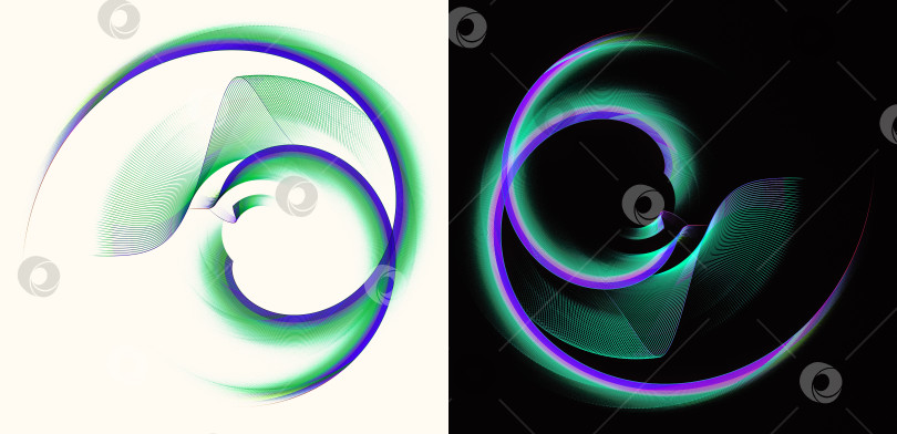 Скачать Абстрактные элегантно изогнутые плоскости в зеленую полоску с синей каймой расположены на белом и черном фонах. Набор. Иконка, логотип, символ, вывеска. 3D-рендеринг. 3D-иллюстрация. фотосток Ozero