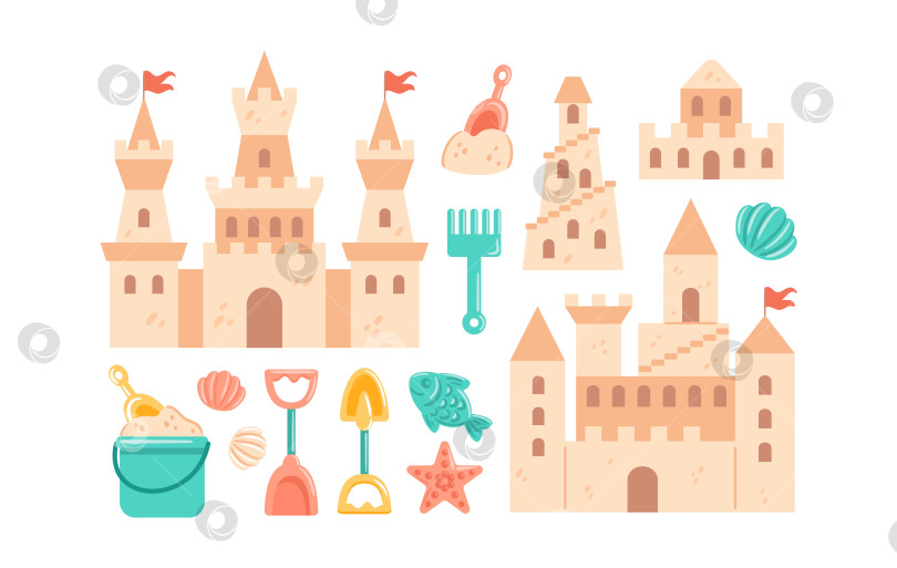 Скачать Векторная иллюстрация песчаного замка с яркой лопатой на солнечном пляже. Концепция летнего отдыха с морскими волнами и ясным небом в плоском мультяшном стиле. Веселые развлечения на море для детей. фотосток Ozero