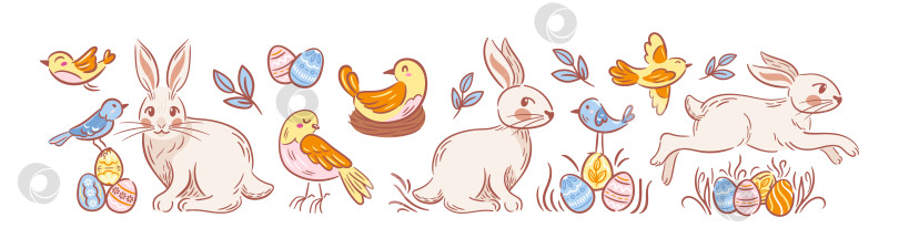 Скачать Пасхальный набор, нарисованный вручную в стиле минималистского эскиза. Коллекция векторов с милыми кроликами, украшенными яйцами, весенними птицами и цветочными элементами. Элегантные черные контуры на белом фоне. фотосток Ozero