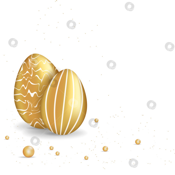 Скачать Золотые пасхальные яйца с узорами. Золотые яйца. Праздничная открытка на белом фоне, иллюстрация. Шаблон для редактирования фотосток Ozero