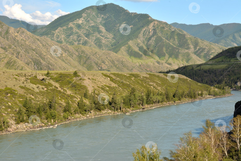 Скачать Вид на широкое русло красивой реки, протекающей по живописной горной долине в солнечный летний день. фотосток Ozero