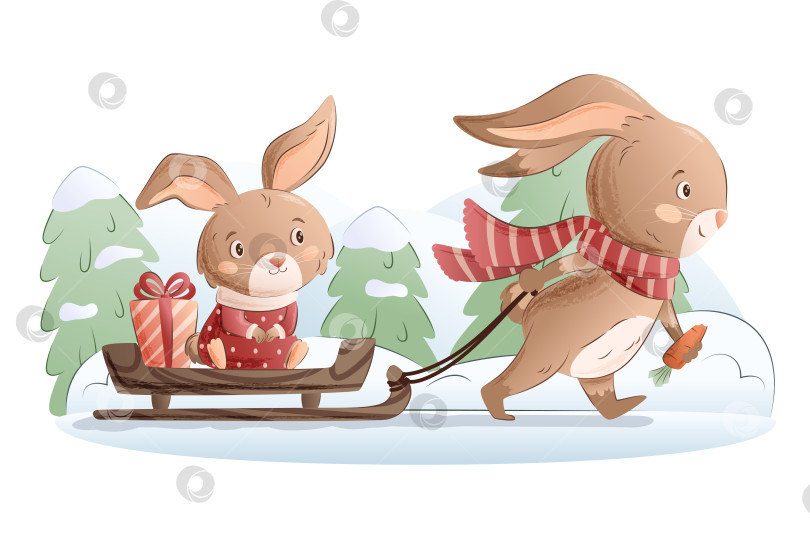 Скачать Милые зимние кролики на санках с подарками фотосток Ozero