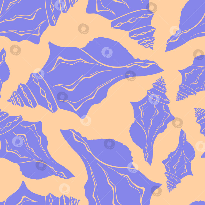 Скачать Модный бесшовный узор из морских раковин плоского силуэта для тканей, текстиля, одежды, предметов интерьера, канцелярских принадлежностей, упаковки. Современная бесконечная текстура морской воды ручной работы. Тропические океанские раковины с возможностью редактирования. фотосток Ozero