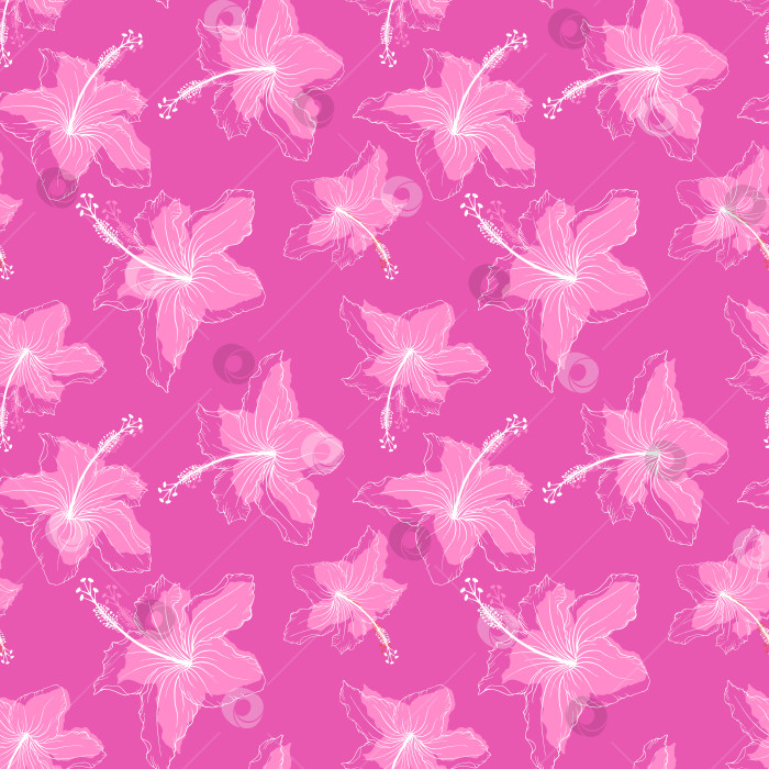 Скачать Цветы гибискуса образуют неровный бесшовный узор. Бесконечная текстура тропических цветов повторяется в произвольном порядке. Экзотический яркий безграничный фон. Растения летнего рая повторяют дизайн поверхности фотосток Ozero