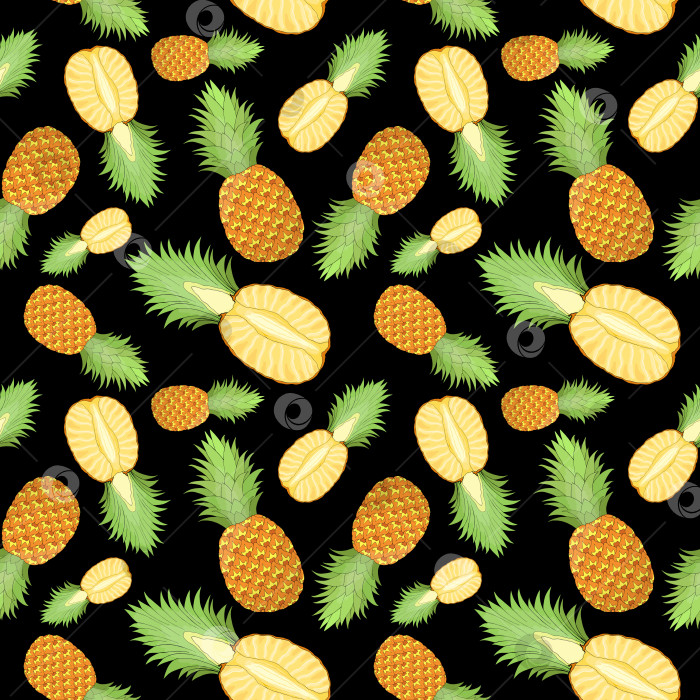 Скачать Цельный и разрезанный ананас с повторяющимся бесшовным рисунком. Бесконечная текстура экзотических фруктов. Фон с неровными краями. Яркий летний дизайн поверхности. Редактируемая плитка для ткани, канцелярских принадлежностей, косметики. фотосток Ozero