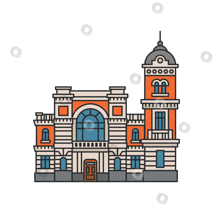 Скачать Историческое классическое здание с башней и арочными окнами. Детализированный симметричный фасад в плоском мультяшном стиле со смелыми очертаниями. Иллюстрация. Объект, выделенный на белом фоне. фотосток Ozero