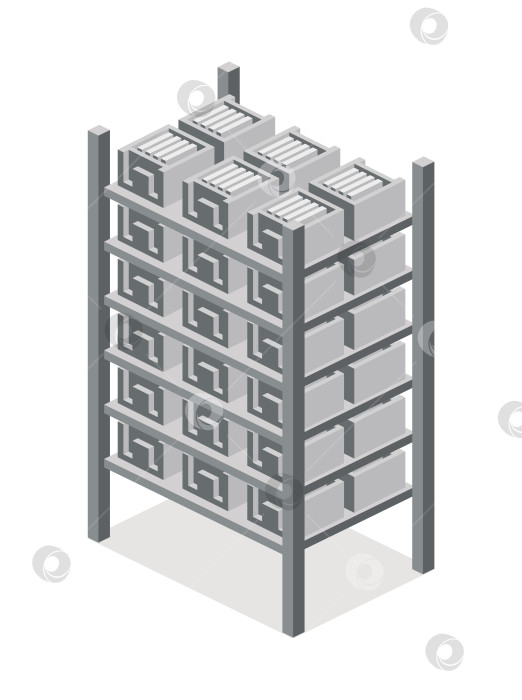 Скачать Изометрический складской стеллаж с ящиками для хранения. Промышленная стеллажная система в реалистичном стиле. Иллюстрация. Объект, выделенный на белом фоне. фотосток Ozero
