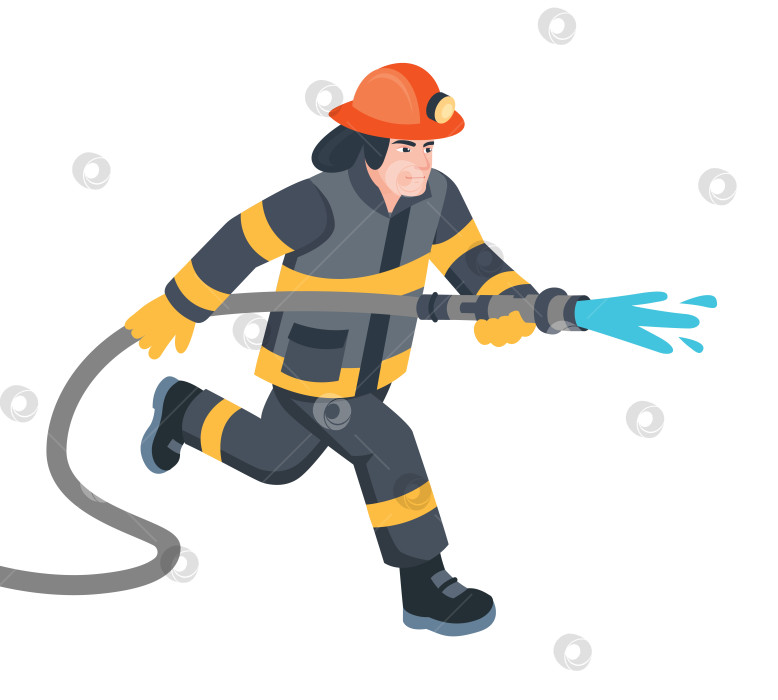 Скачать Изометрический пожарный, использующий насадку пожарного шланга. Иллюстрация. Реагирование на чрезвычайные ситуации, тушение пожаров, спасательные работы и службы безопасности. Мужчина, выделенный на белом фоне. фотосток Ozero