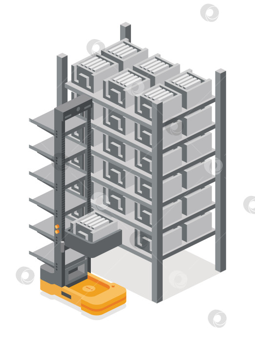 Скачать Изометрический складской стеллаж с коробками и автоматизированным роботизированным погрузчиком. Иллюстрация. Автономный вертикальный складской робот ACR или CTU для системы хранения и поиска товаров. фотосток Ozero