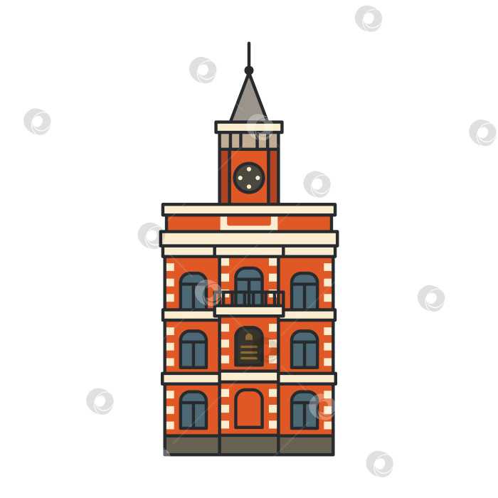 Скачать Историческое городское здание с башней с часами и симметричным фасадом. Плоский мультяшный стиль с четкими очертаниями. Иллюстрация. Объект, выделенный на белом фоне. фотосток Ozero