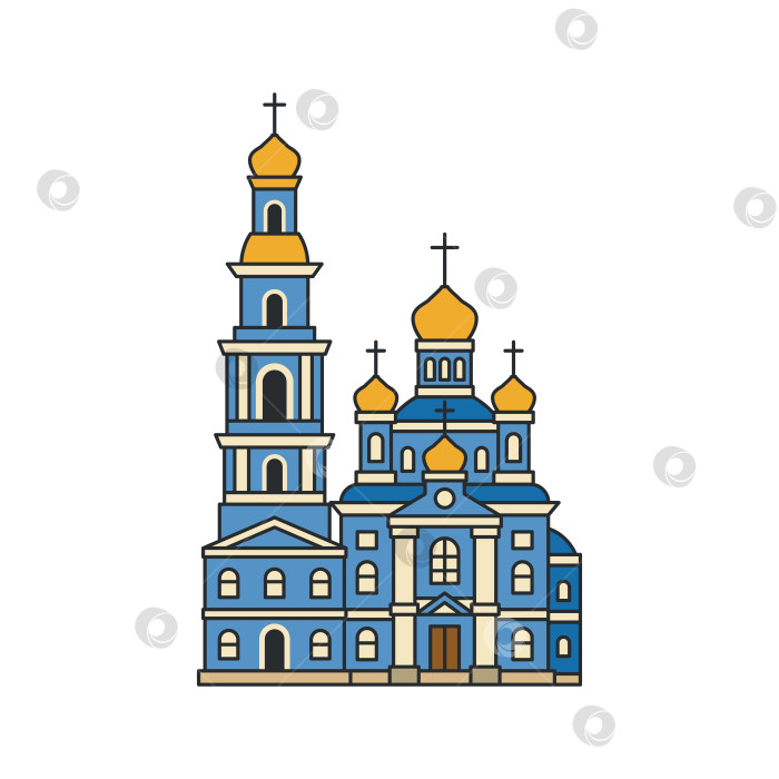 Скачать Православный собор с голубым фасадом, золотыми луковичными куполами и колокольней. Плоский мультяшный стиль с четкими очертаниями. Иллюстрация. Объект, выделенный на белом фоне. фотосток Ozero